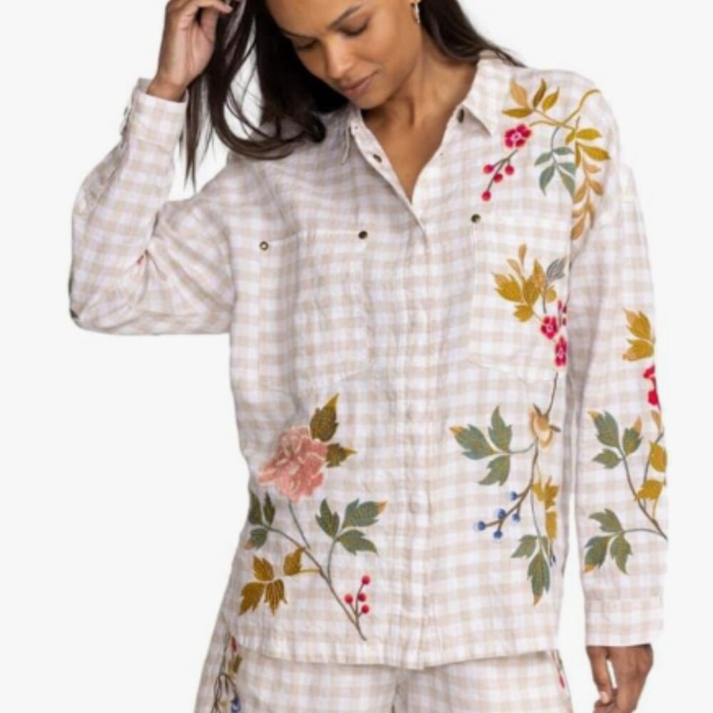 Johnny Was Adele Gingham Embroidery Floral Long Sleeve Shirt Size Medium